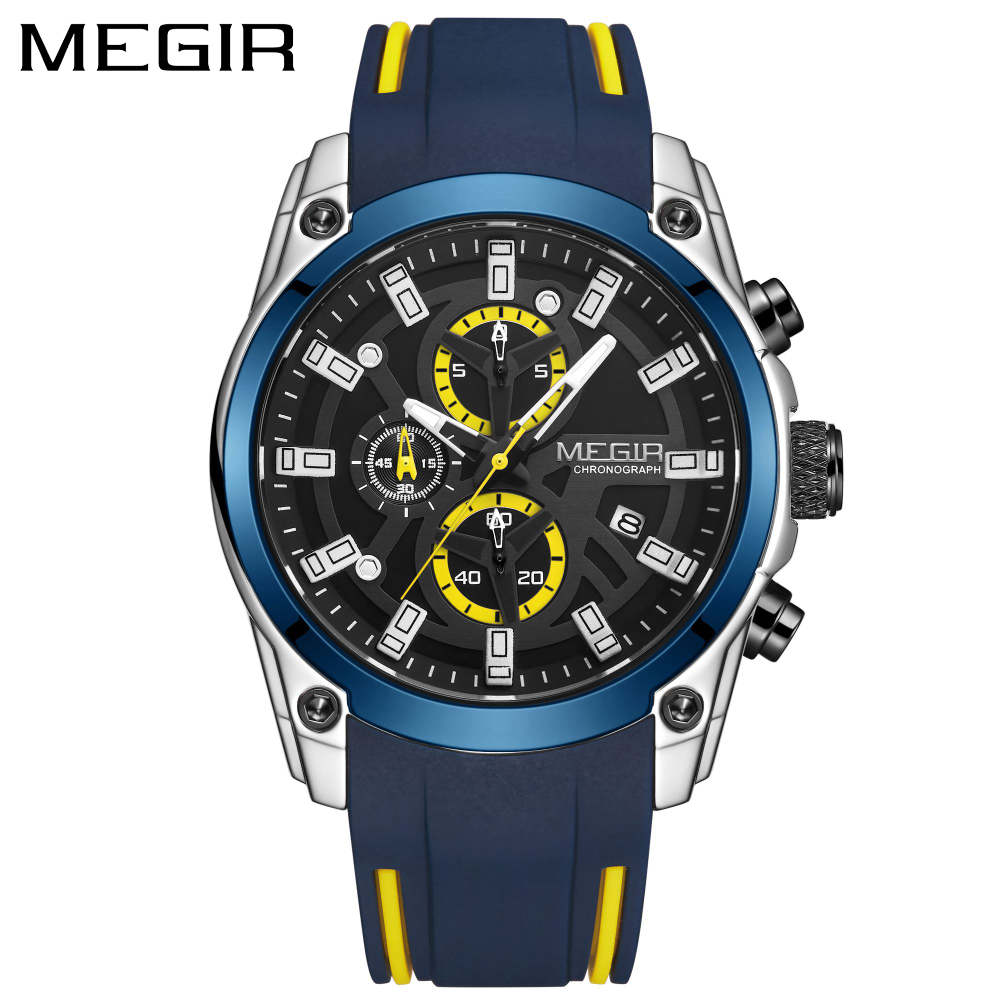 Silicone Sport Band - MEGIR メンズクォーツ時計トップブランドの高級ラバーバンド 3ATM 防水ビジネスクロノグラフメンズスポーツ腕時計 2144