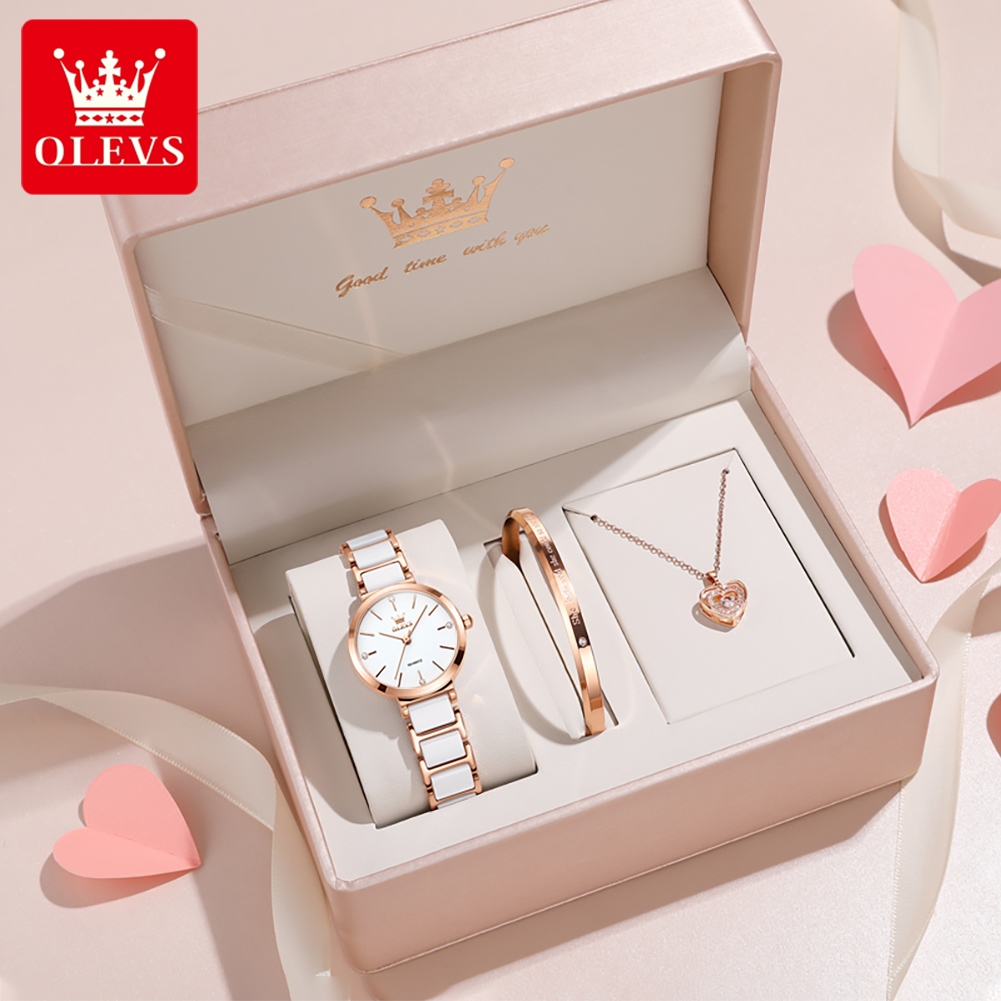 Analog Quartz Watch - OLEVSレディース腕時計5877高級エレガントクォーツ腕時計防水夜光セラミックストラップレディース腕時計ブレスレットセットギフトボックス時計