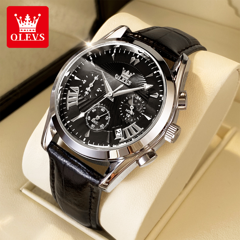 Analog Quartz Watch - OLEVS カジュアルファッションメンズ腕時計ムーンフェイズクロノグラフ防水男性腕時計レザーストラップトレンド本物の腕時計男性用