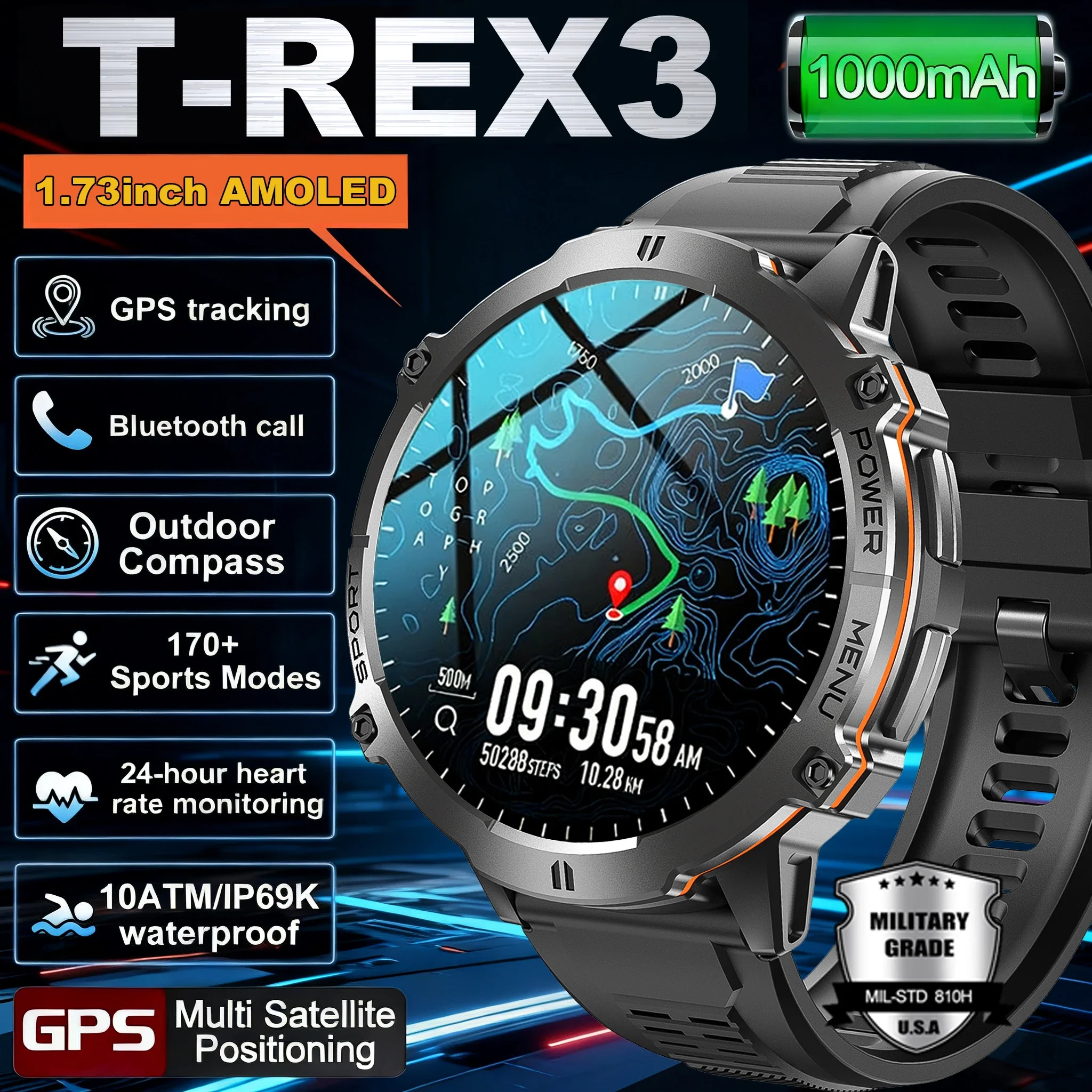 Smartwatch Military Watches For Men - 新型TANK X3ミリタリースマートウォッチ メンズ 1000mAhバッテリー 5ATM防水 GPSコンパス