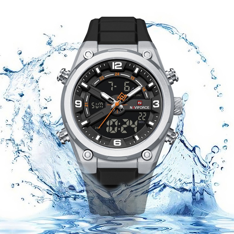 Analog Quartz Watch - NAVIFORCE メンズ腕時計 デュアルディスプレイ 曜日表示 防水 発光シリコンストラップ