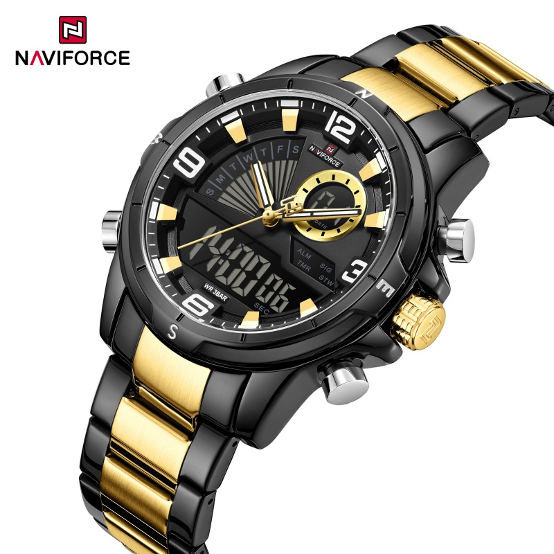 Analog Quartz Watch - NAVIFORCE 男性デュアルディスプレイ腕時計 3ATM 防水発光針ステンレス鋼ストラップミリタリースポーツ腕時計ギフトボックス