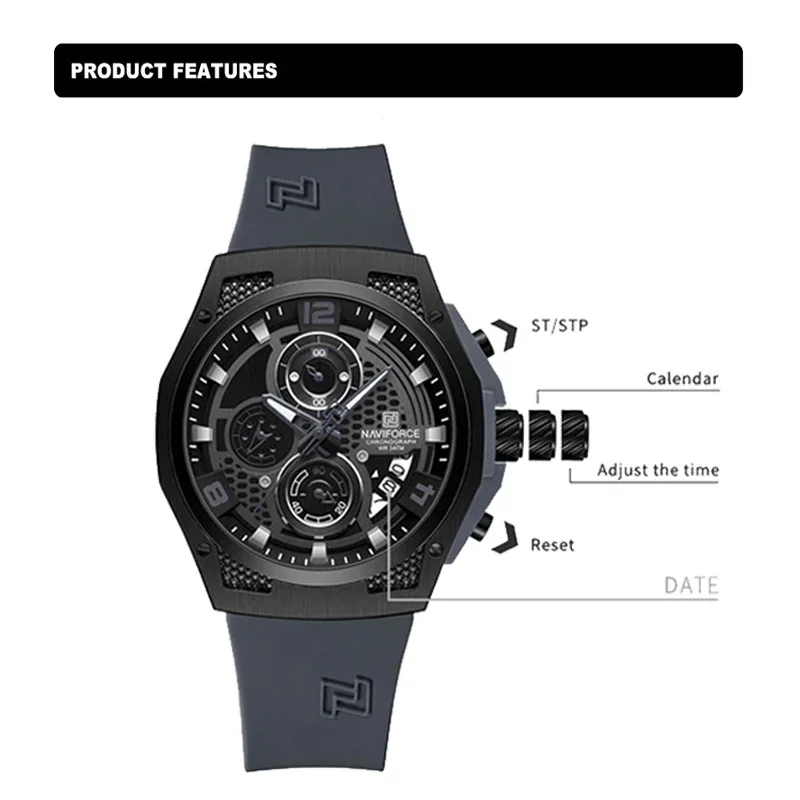 Naviforce-メンズ腕時計,高級デザイン,30m防水, - Silicone Sport Band のレビューと価格