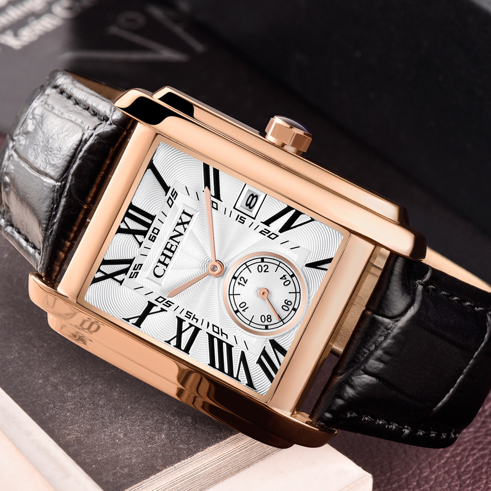 Chenxi-男性用のクラシックなスクエアブラウンレザーウォ - Smartwatch Watches For Men Brands のレビューと価格