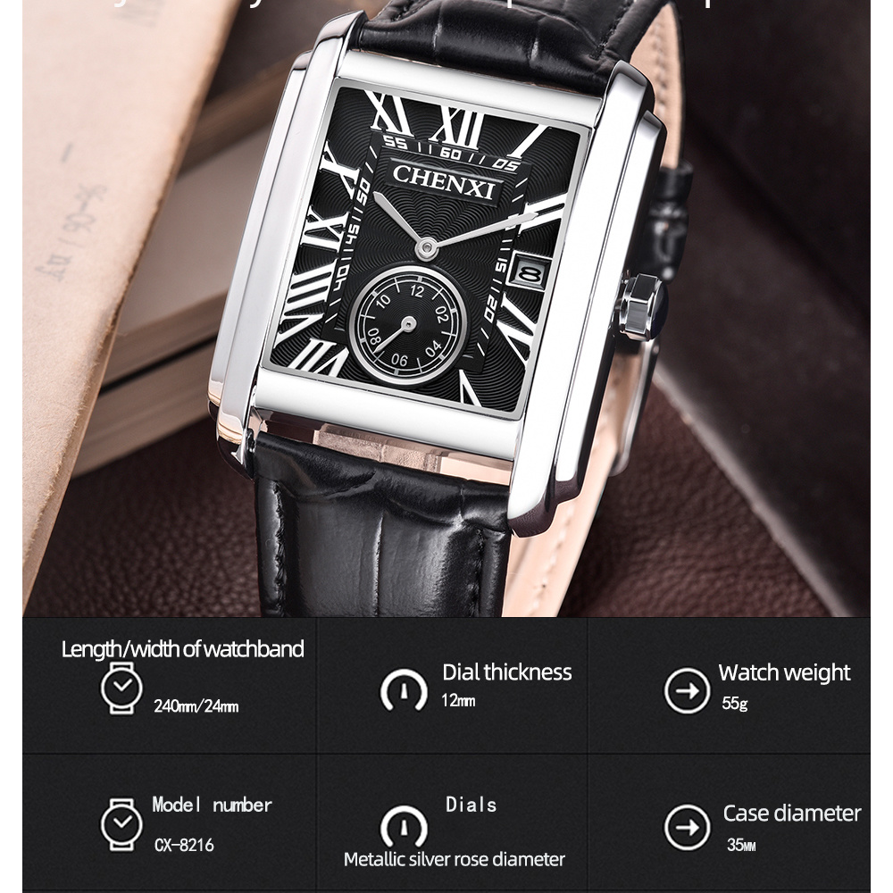 Chenxi-男性用のクラシックなスクエアブラウンレザーウォ - Smartwatch Watches For Men Brands のレビューと価格