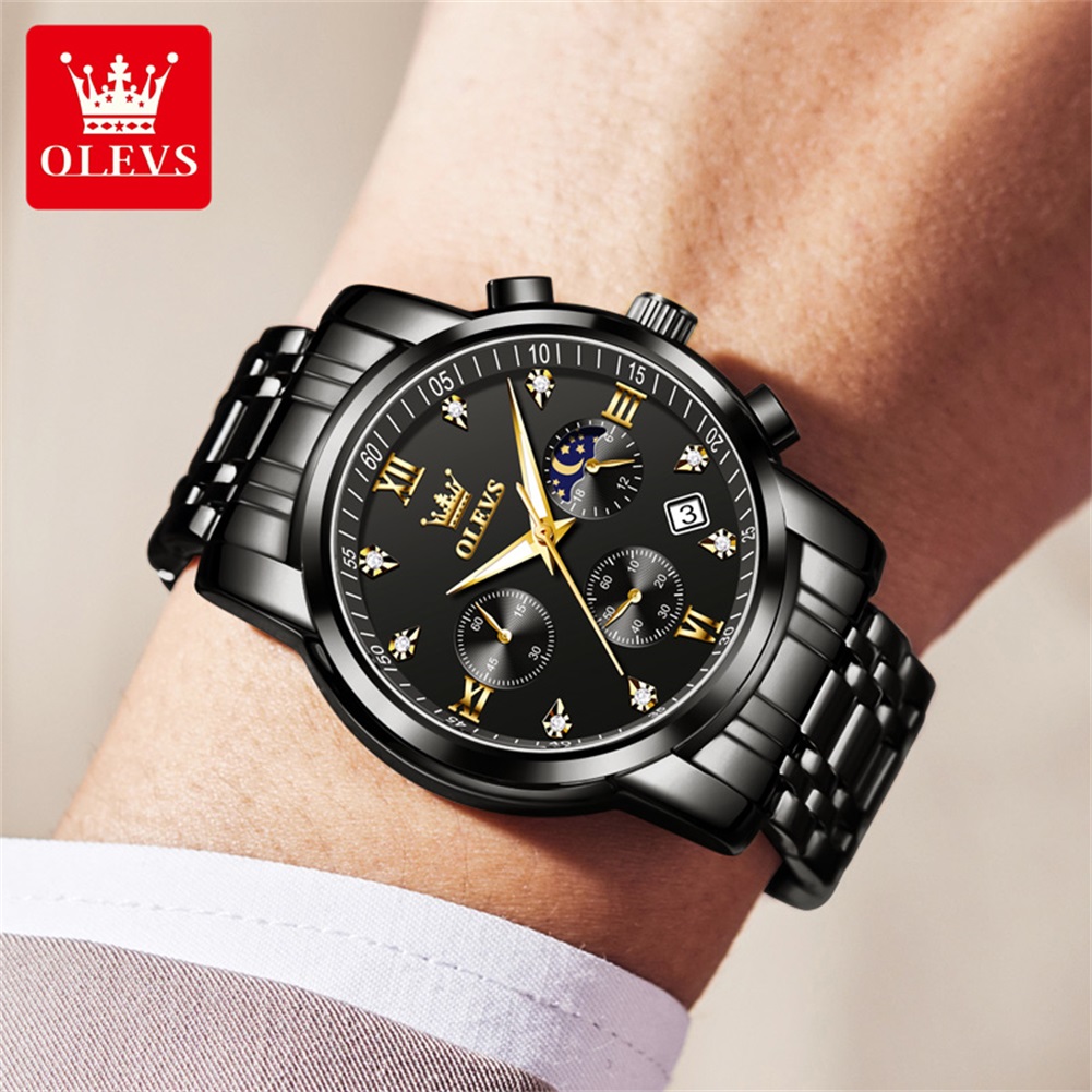 OLEVS 人気のメンズ腕時計ステンレススチールブラックムー - Analog Quartz Watch のレビューと価格