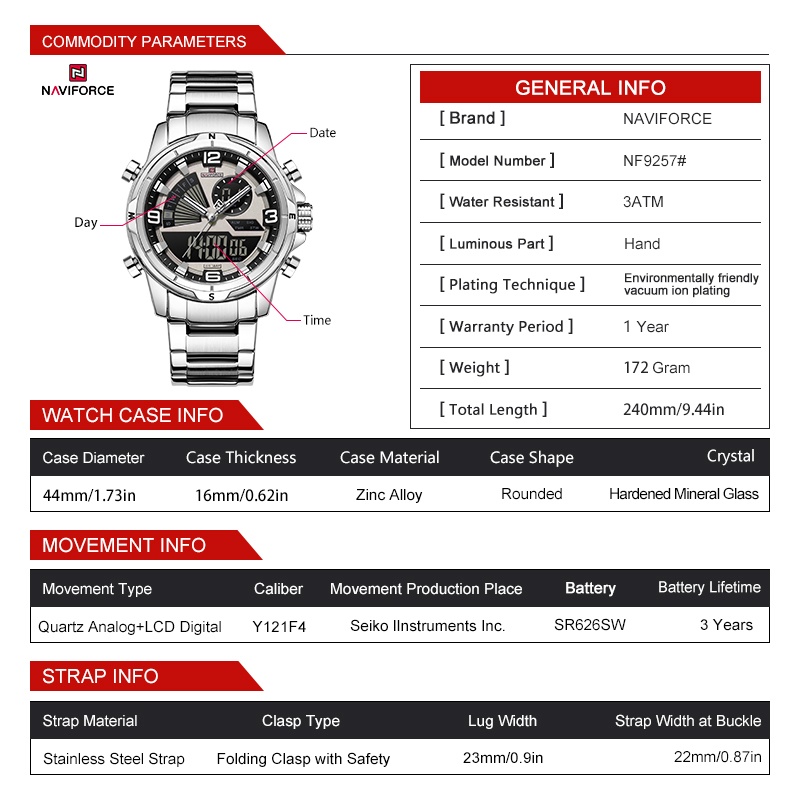 NAVIFORCE 男性デュアルディスプレイ腕時計 3ATM - Analog Quartz Watch のレビューと価格